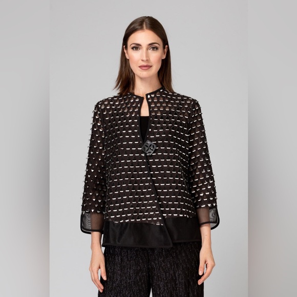 IC COLLECTION Jackets & Blazers - IC Collection Mesh Laser Cut Out Asymmetric Jacket in Black and Silver